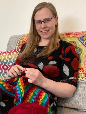 Crafter Jo Aspinall crocheting the blankets for our elderly care unit