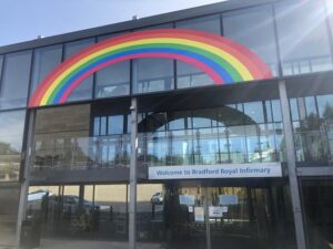 Painted rainbow on the accessible entrance to BRI
