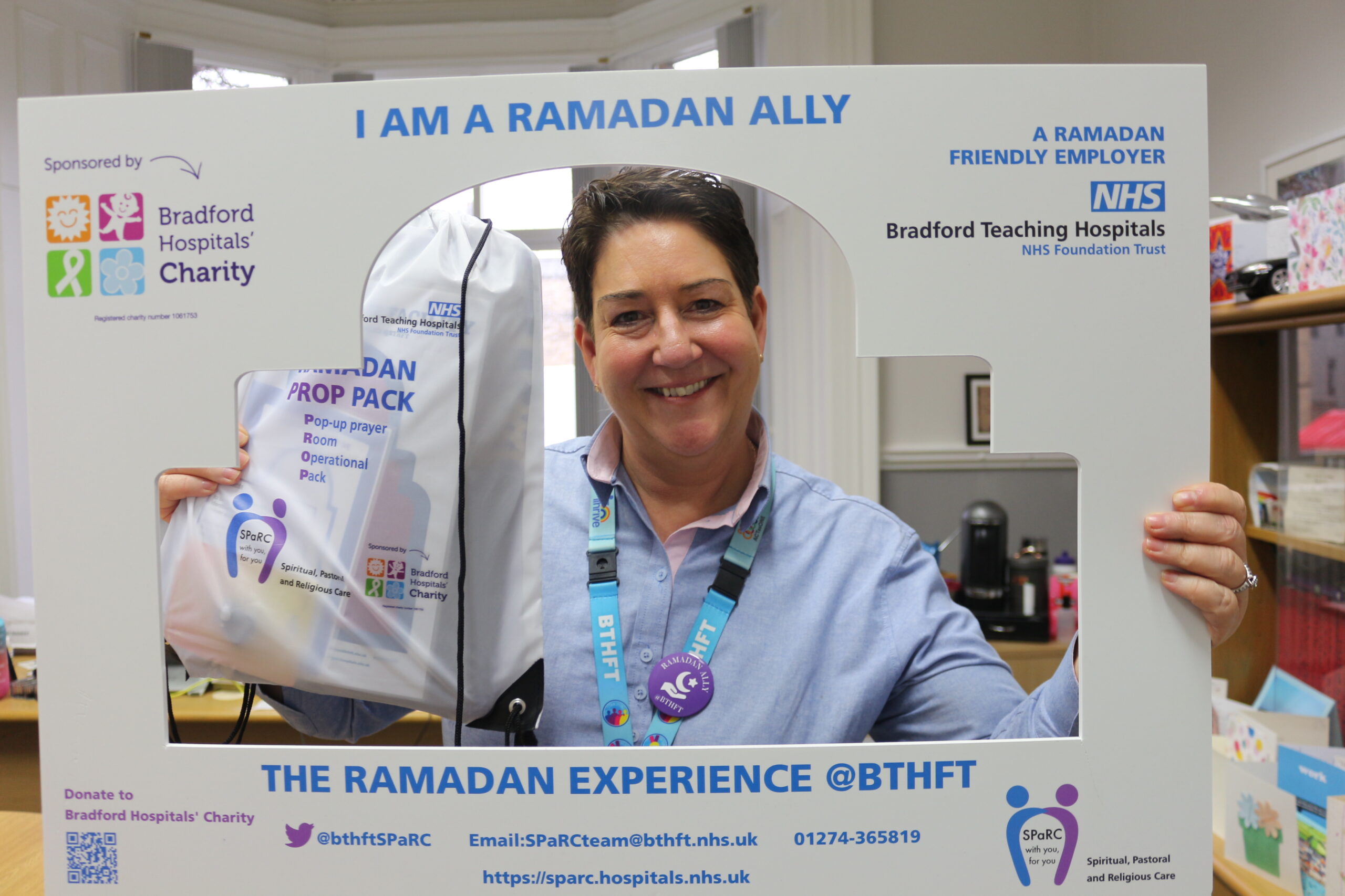 Mel Pickup - Ramadan Ally Chief Executive Mel Pickup poses with a Ramadan Ally selfie frame.